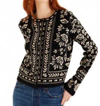 Farm Rio Flower Bloom Buttoned Knit Cardigan In Black And White In Multi