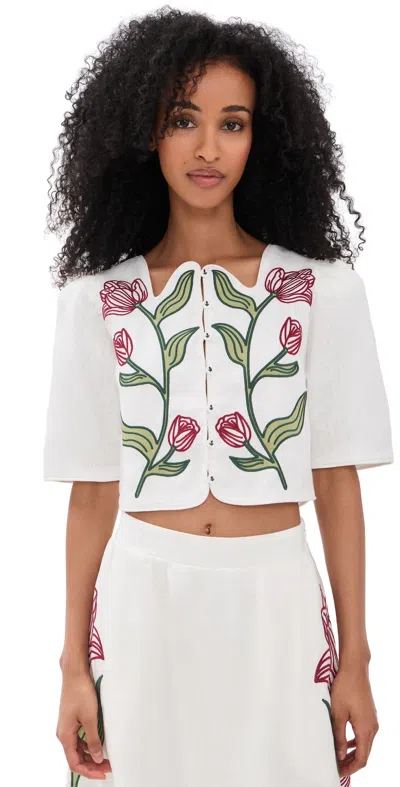 Farm Rio Floral-embroidered Cropped Linen Top In White