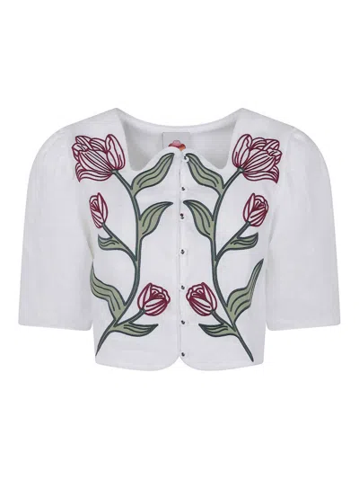 Farm Rio Floral-embroidered Cropped Linen Top In White