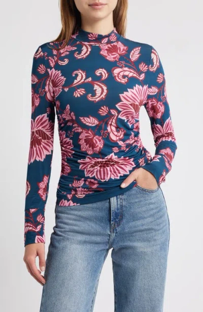 Farm Rio Flower Delicacy Ruched Jersey Top In Blue