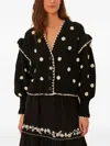Farm Rio Flower-embellished Ruffled Cardigan In Black
