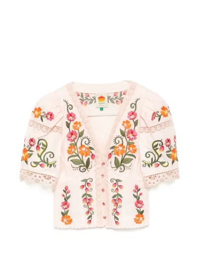 Farm Rio Flower Embroidered Puff-sleeve Blouse In Pink