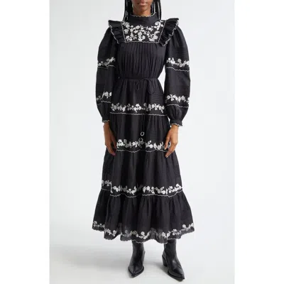 Farm Rio Flower Embroidery Long Sleeve Cotton Dress In Black | ModeSens
