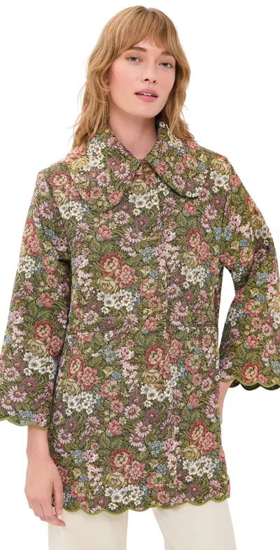 Farm Rio Flower Jacquard Trench Coat Green