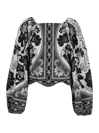 FARM RIO 'FLOWER LEOPARD' BLACK AND WHITE BLOUSE WITH BOAT NECKLINE AND ALL-OVER FLORAL PRINT IN COTTON WOMAN