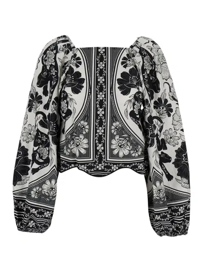 Farm Rio 'flower Leopard' Black And White Blouse With Boat Neckline And All-over Floral Print In Multicolor