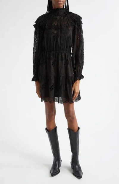 Farm Rio Flower Long Sleeve Organza Minidress In Black