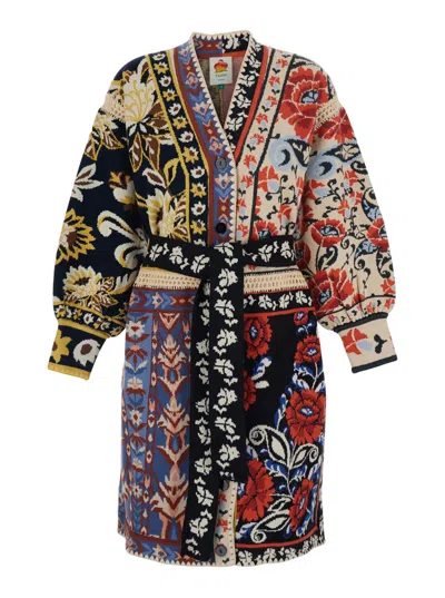 FARM RIO FLOWER PRINT PATCHWORK KNIT MIDI CARDIGAN