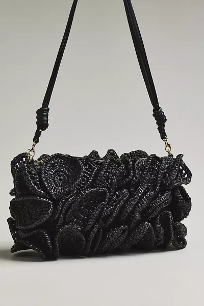 Farm Rio Flower Raffia Crochet Shoulder Bag In Black