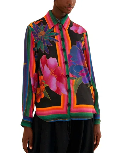 Farm Rio Flower Season Black Scarf Shirt In Multi