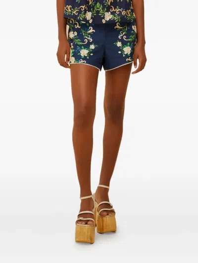 Farm Rio Flower Tapestry Belted Shorts In Blue