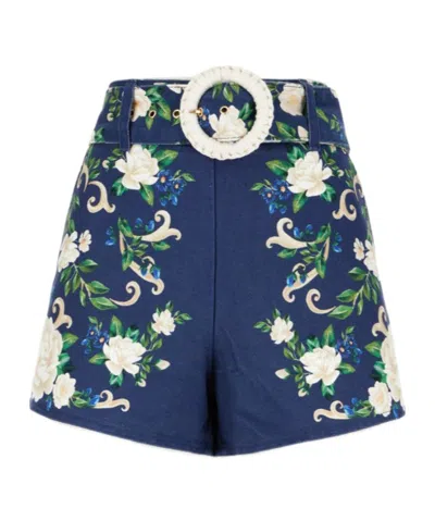 Farm Rio Flower Tapestry Belted Shorts In Blue