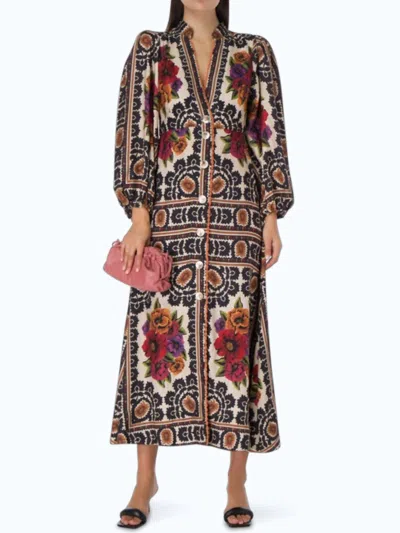Farm Rio Flower Tapestry Maxi Dress In Multi In Brown