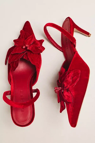 Farm Rio Flower Velvet Slingback Heels In Red