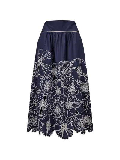Farm Rio Flower-embroidered Maxi Skirt In Blue
