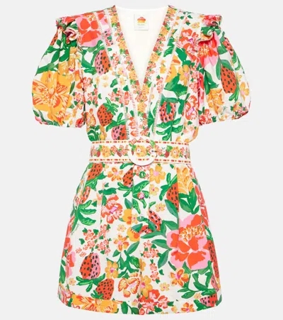 Farm Rio Flowerful Sketch Printed Cotton Playsuit In Multicoloured