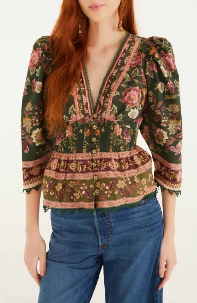 Farm Rio Flowering Garden Tree Linen Blend Top In Green