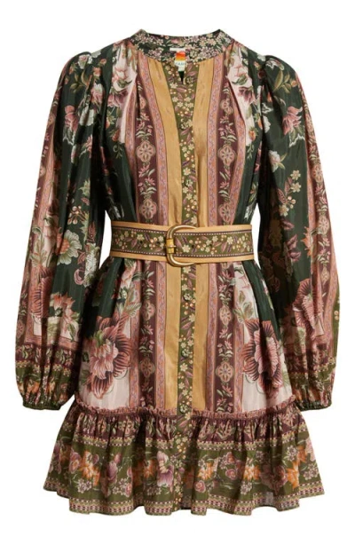 Farm Rio Flowering Garden Tree Long Sleeve Cotton Blend Minidress In Green