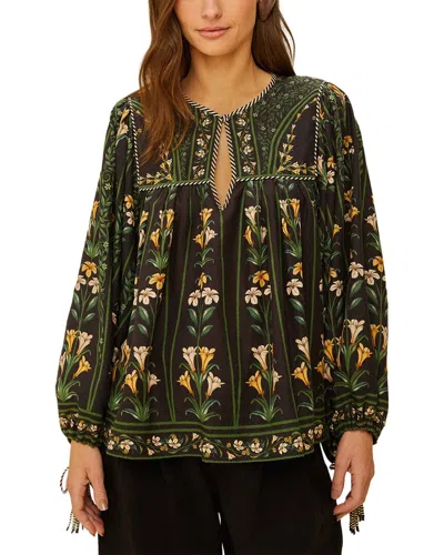 Farm Rio Flowers Arch Black Long Sleeve Linen-blend Blouse In Green