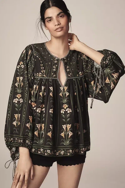Farm Rio Flowers Arch Linen Blend Long-sleeve Blouse In Multicolor