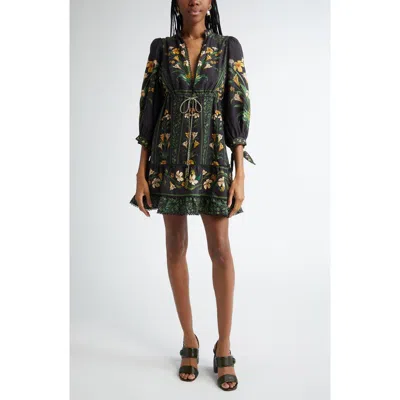 Farm Rio Flowers Arch Linen Blend Minidress In Flowers Arch Black