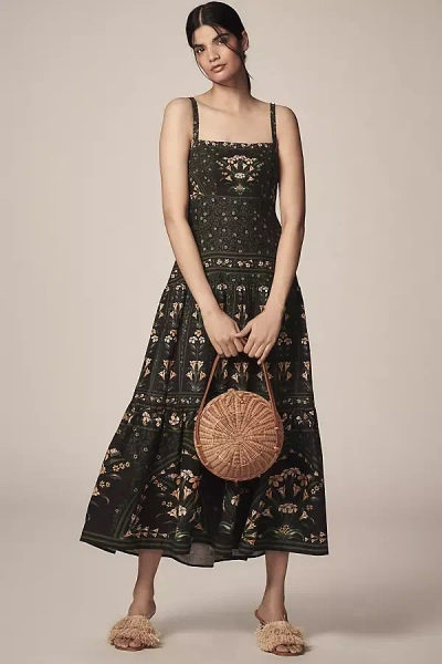 Farm Rio Flowers Arch Sleeveless Linen Blend Midi Dress In Green