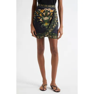 Farm Rio Flowers Arch Wrap Front Linen Miniskirt In Black