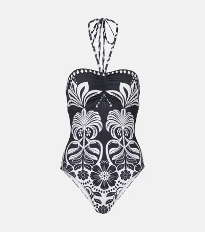Farm Rio Flowers Leopards Halterneck Swimsuit In Black