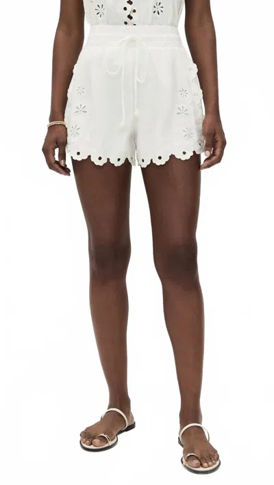 Farm Rio Flowers Richelieu Scalloped Broderie Anglaise Linen Shorts In White