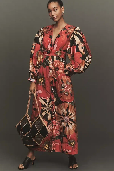 Farm Rio Flowershop Puff-sleeve Maxi Dress In Brown