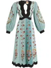 Farm Rio Floral Embroidered Long Sleeve Cutout Linen Midi Dress In Blue