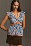 Farm Rio Flutter-sleeve V-neck Top In Multi