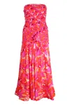 Farm Rio Flying Birds Orange Strapless Midi Dress In Multi