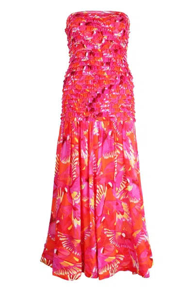Farm Rio Flying Birds Orange Strapless Midi Dress In Multi