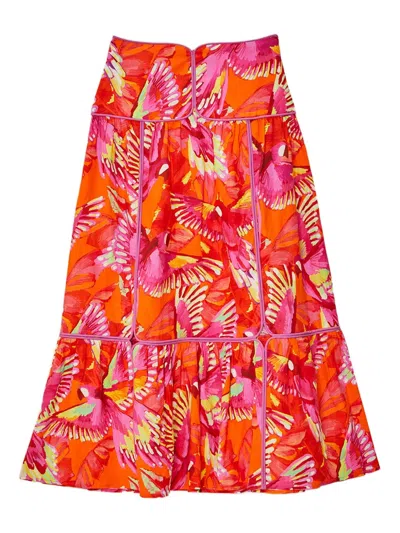 Farm Rio Flying Birds Print Midi Skirt In Orange