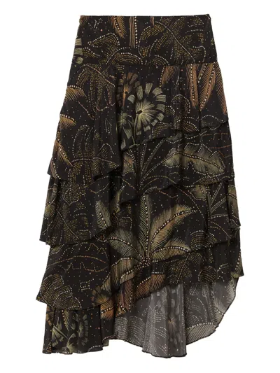 Farm Rio Foliage Tiered Printed Midi Skirt In Black