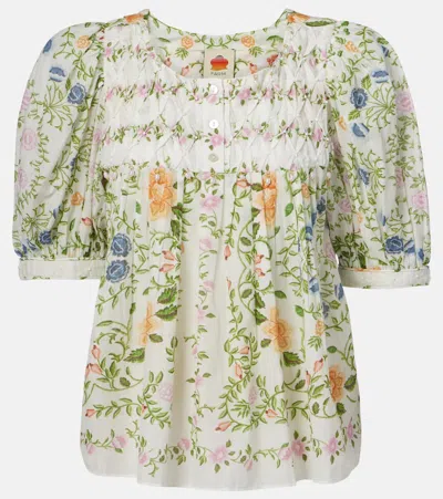 FARM RIO FOLK FLORAL EMBELLISHED COTTON BLOUSE