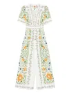 Farm Rio Folk Floral Linen Blend Short-sleeve Wide-leg Jumpsuit In White