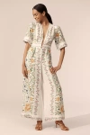 Farm Rio Folk Floral Linen Blend Short-sleeve Wide-leg Jumpsuit In White