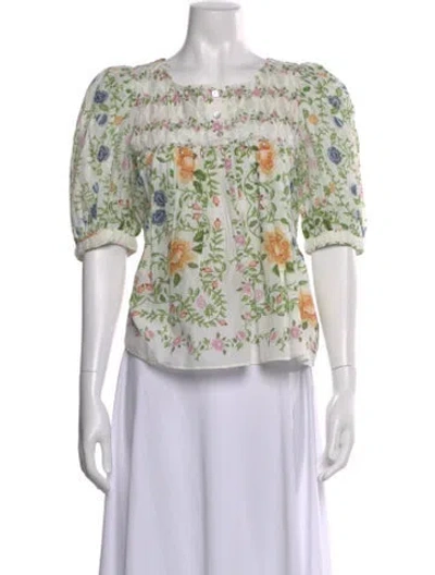Pre-owned Farm Rio Folk Floral Off-white Scoop Neck Short Sleeve Blouse Floral Print Blouse In Pink