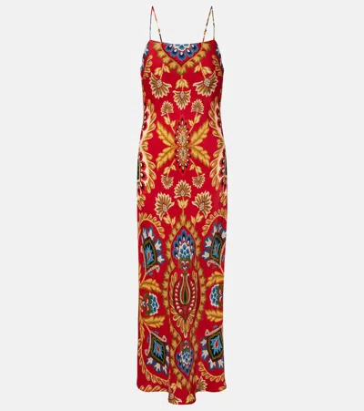 Farm Rio Red Folk Tapestry Lenzing Ecovero Viscose Slip Maxi Dress In Brown