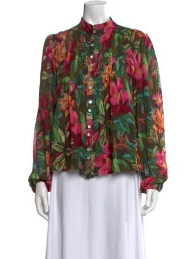 Pre-owned Farm Rio For Anthropologie Floral Print Mock Neck Blouse In Green