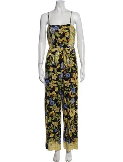 Pre-owned Farm Rio For Anthropologie Floral Print Square Neckline Jumpsuit W/ Tags In Yellow