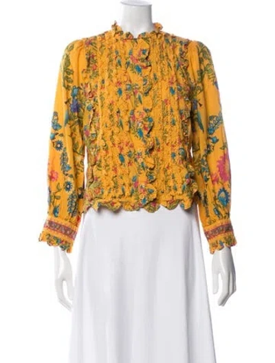Pre-owned Farm Rio For Anthropologie Floral Print Tie Neck Blouse In Yellow