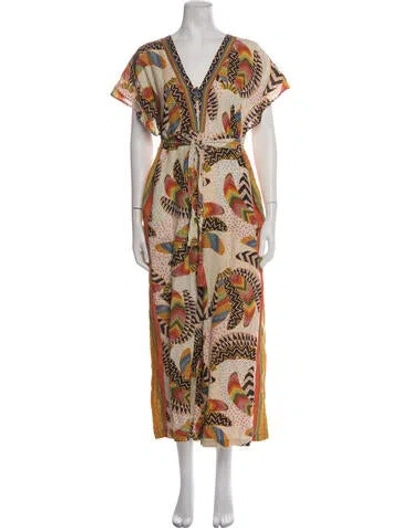 Pre-owned Farm Rio For Anthropologie Linen Printed Jumpsuit In Neutrals