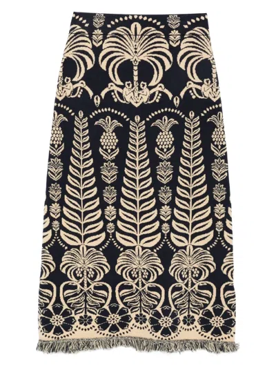 Farm Rio Foral-jacquard Fringed Midi Skirt In Blue