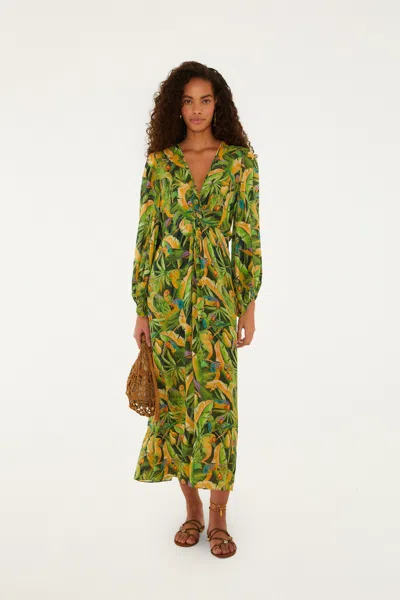 Farm Rio Forest Green Parrots Long Sleeve Dress