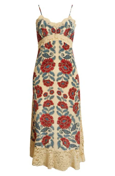 FARM RIO FARM RIO FRANCESCA SAND LACE DETAIL FLORAL DRESS