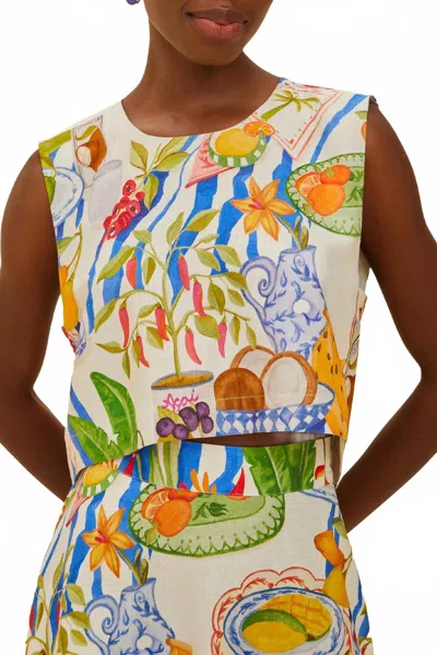 Farm Rio Womens Fresh Table Off-white Fresh Table Crop Linen-blend Top In Multi