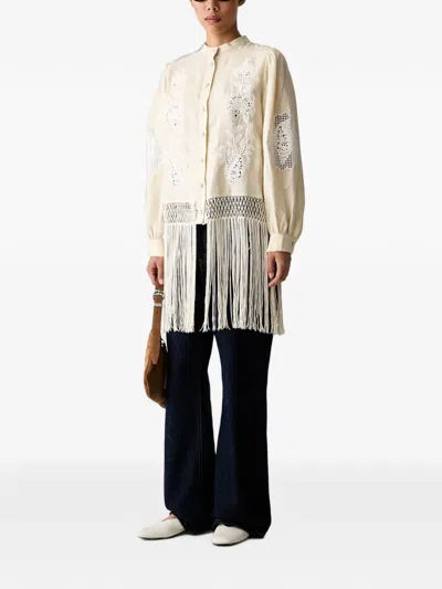 Farm Rio Fringed Broderie-anglaise Shirt In Neutral